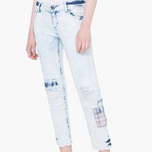 DESIGUAL EXOTIC JEANS 6 bleached patched stitched stretch denim cropped sz 30
